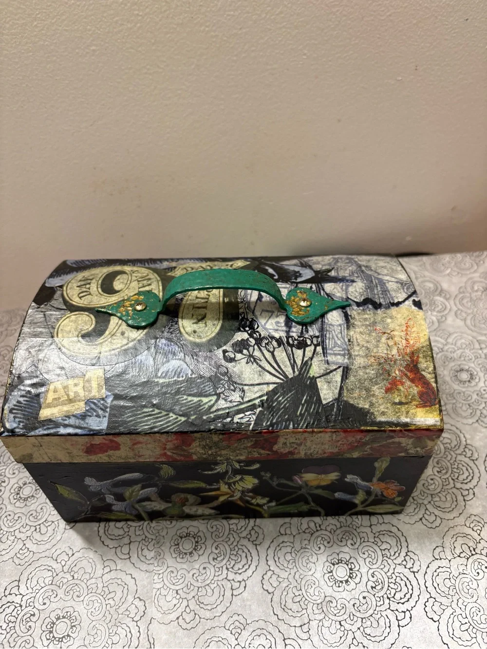 Floral Decoupage Decorative Storage Box with Green Handle